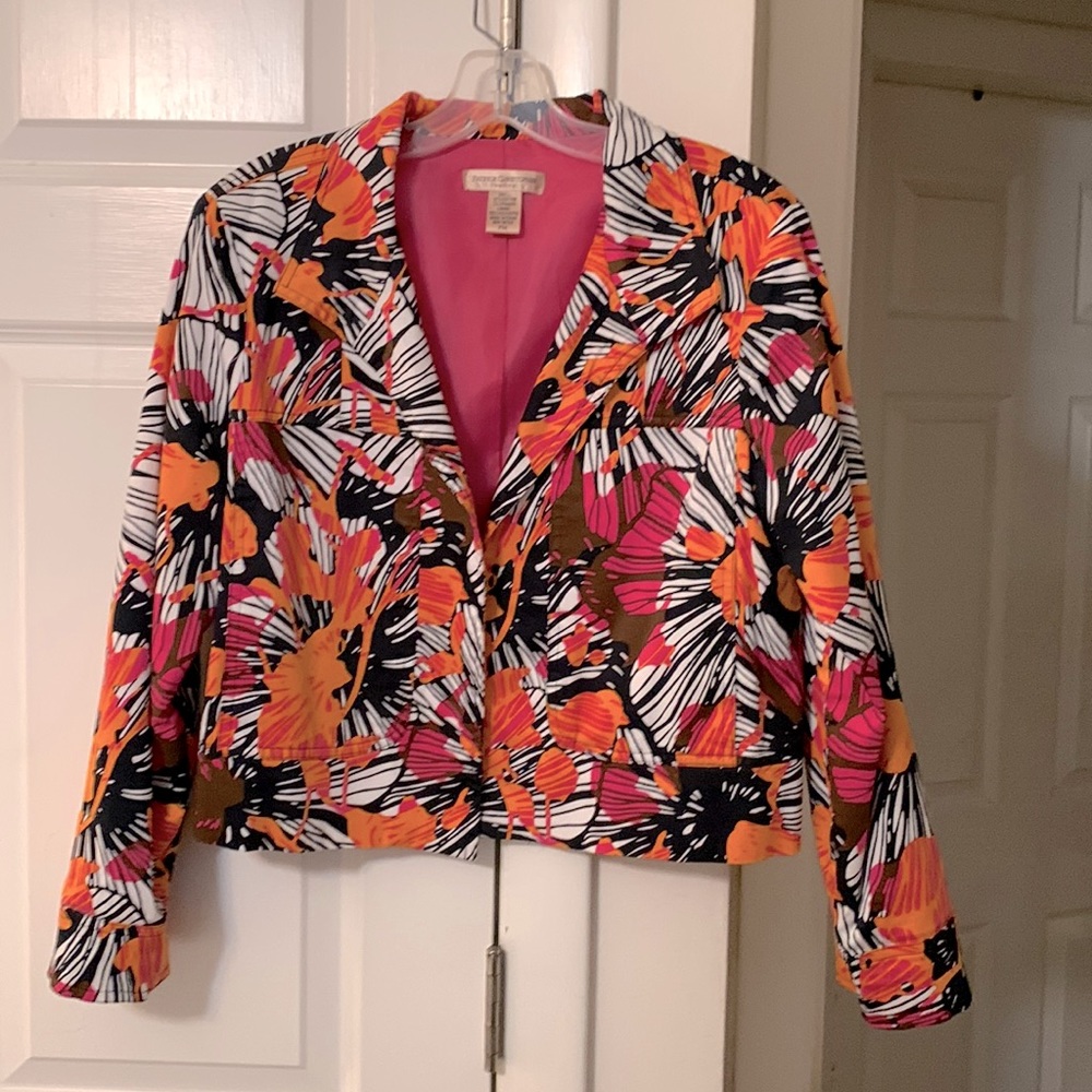 Waist  length spring jacket multi-pink orange white and black